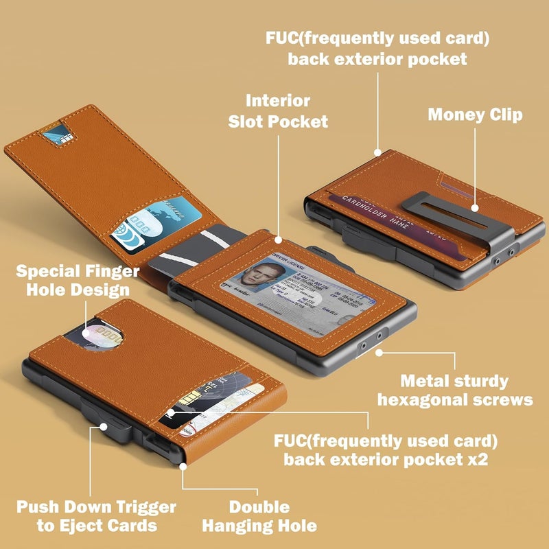 umoven Wallet for Men - Slim Leather RFID Blocking Bifold Minimalist Wallet with Metal Pop-Up Card Holder, Money Clip, Credit Card Slots - Men's Wallet, Saffron Yellow - Image 3